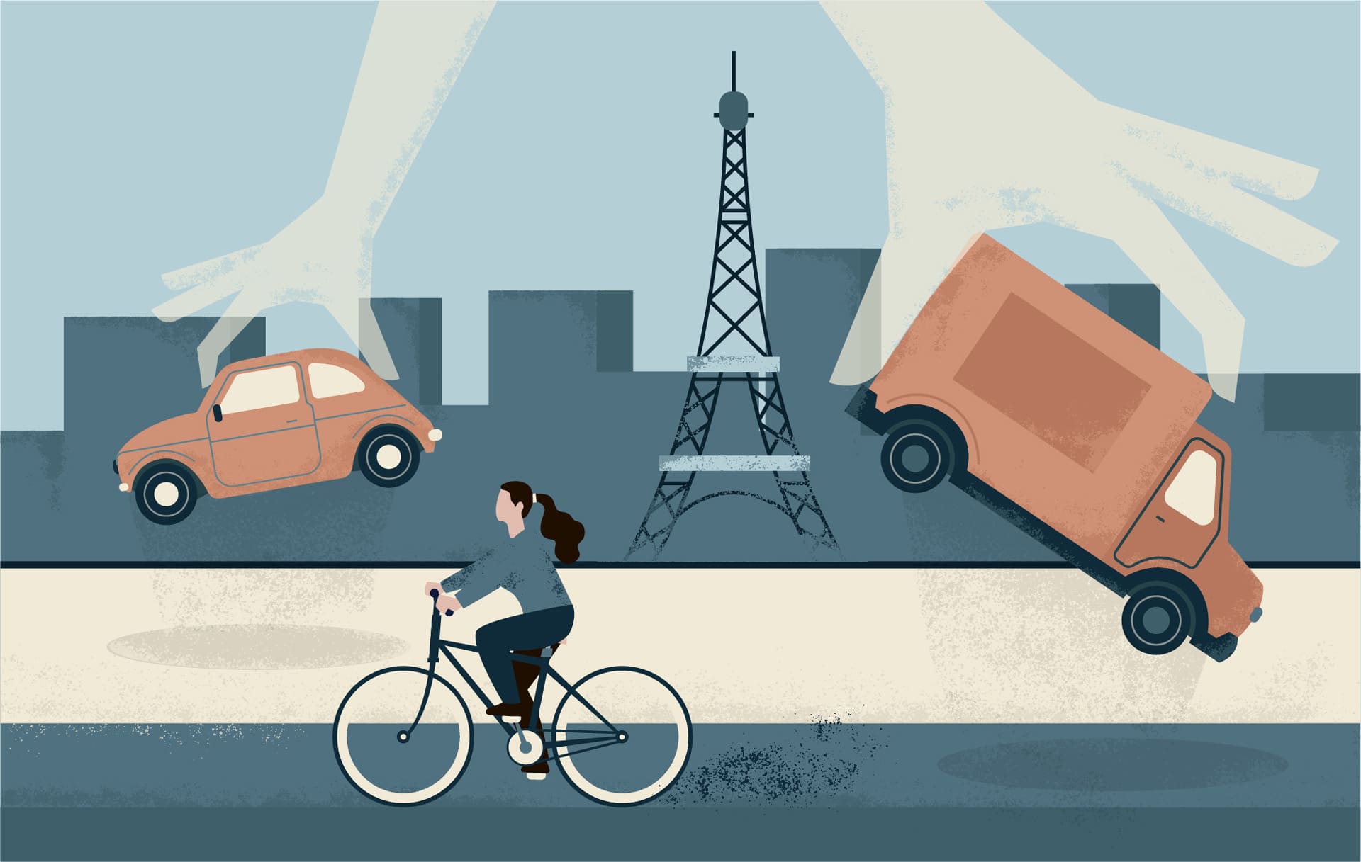 Hands lifting up cars from Paris, and a cyclist moving in