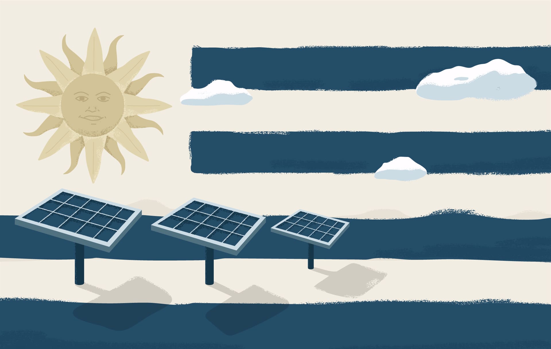 The flag of Uruguay with solar panels absorbing the sun's rays.