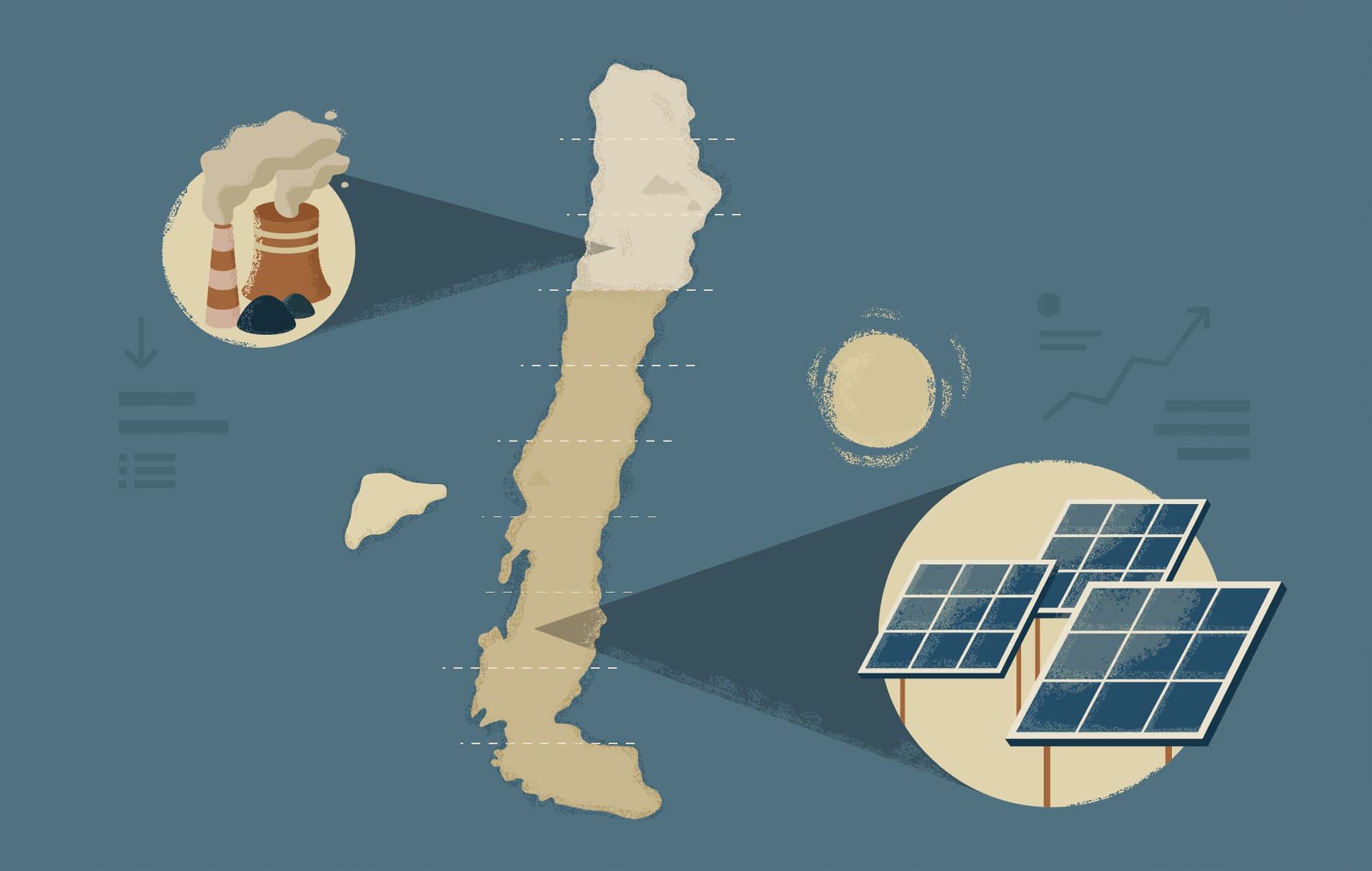 Chile has become a leader in solar energy and the transition away from coal. This map depicts its transition.
