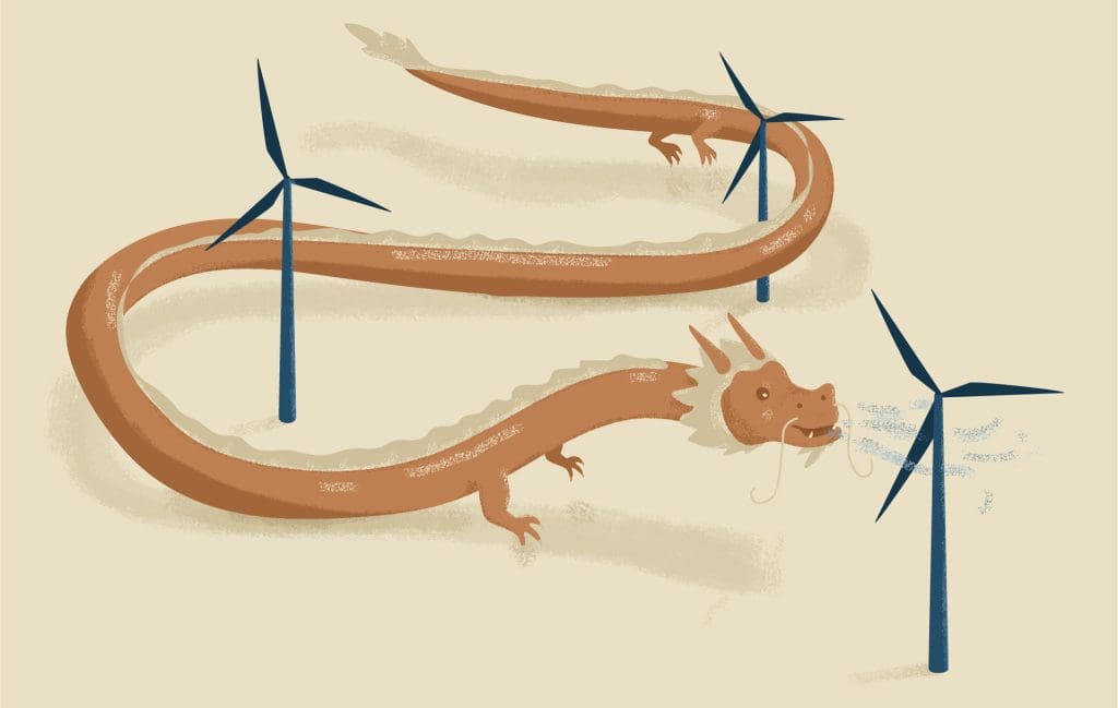 A Chinese dragon between wind turbines. China is rapidly moving towards renewable energy and shifting from coal.
