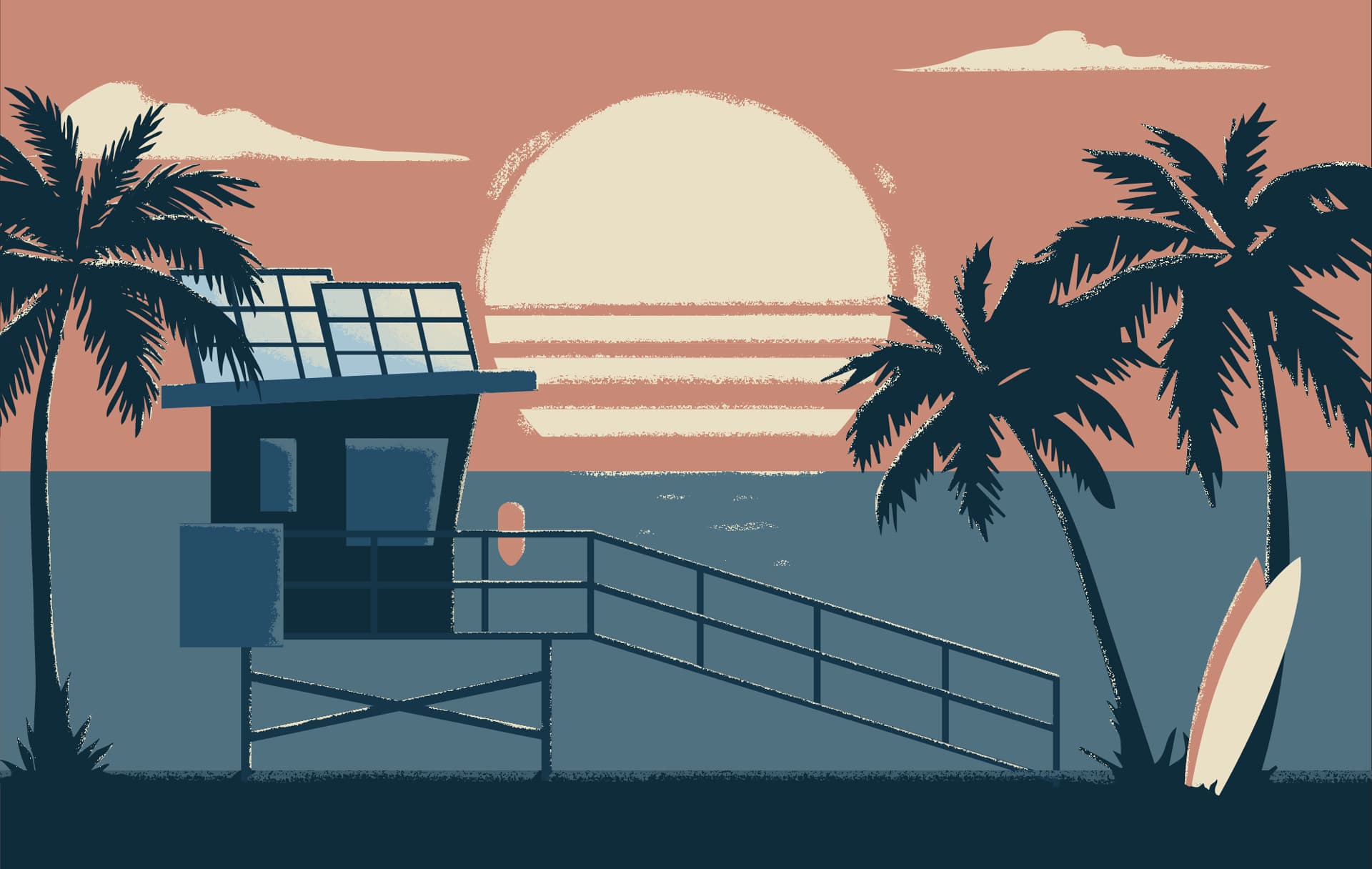 A sunset scene in California, with solar panels on a lifeguard hut