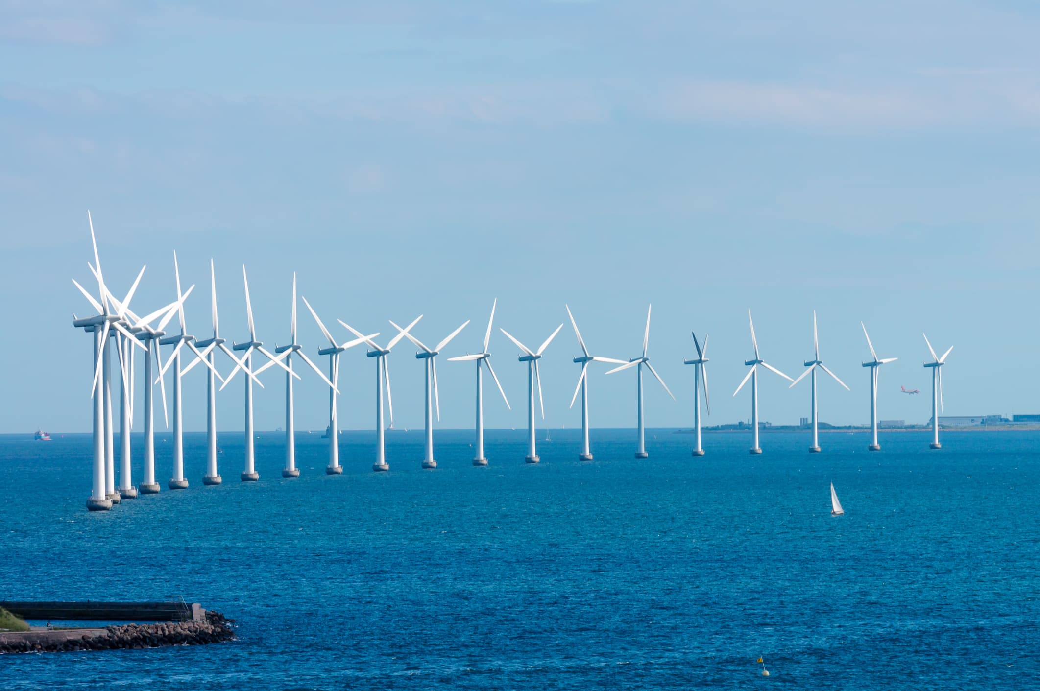 Offshore wind turbines off the coast of Denmark, which is a renewable energy and climate action leader