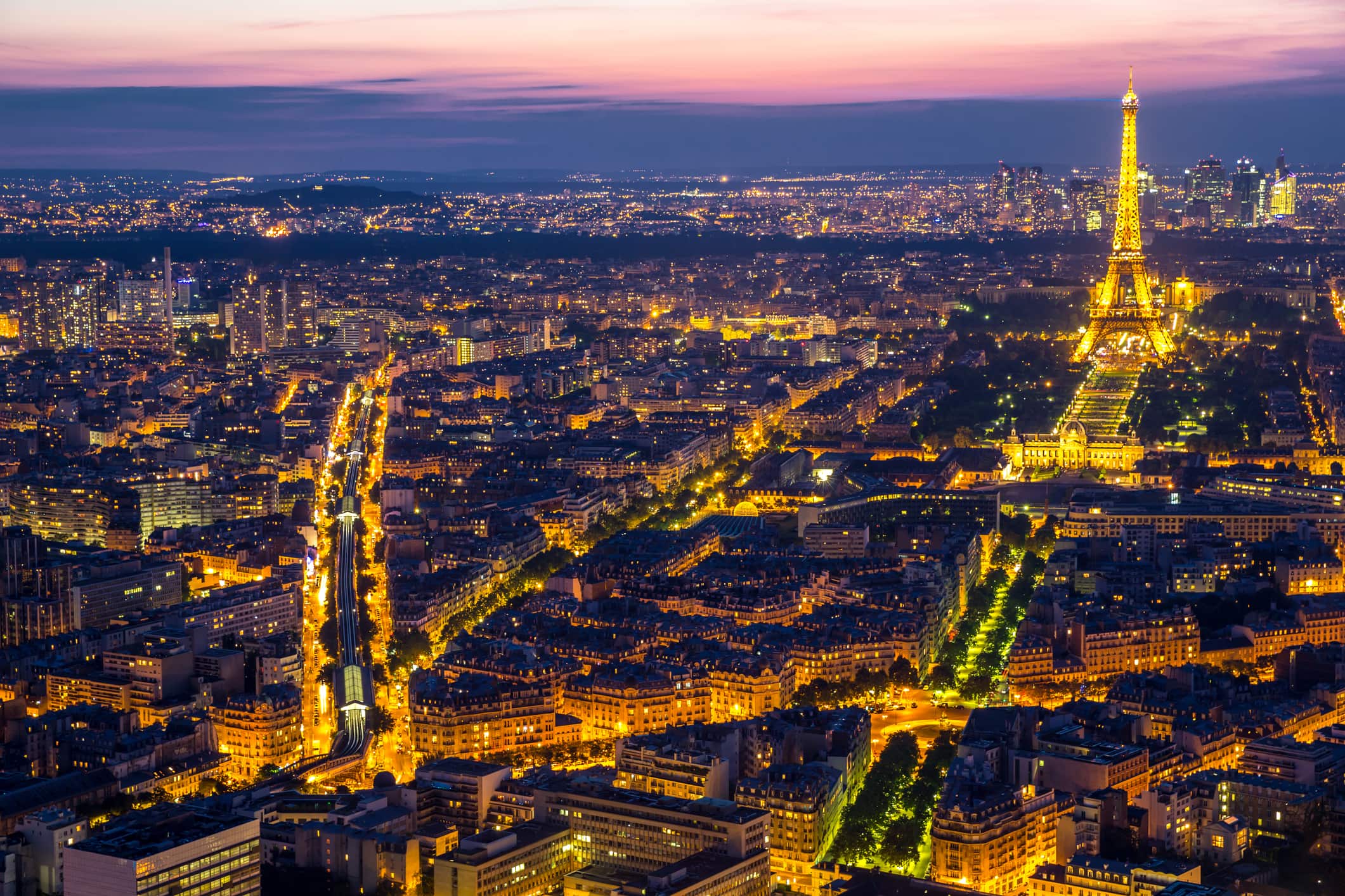 An aerial view of Paris at night. France and the rest of the EU is now powered mostly by clean electricity.