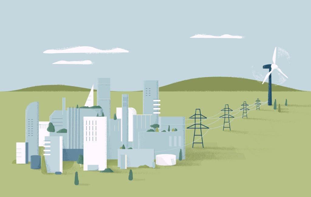 How these countries are unlocking hidden grid capacity to speed up the energy transition 1 A graphic showing a wind farm and power lines transporting electricity to a city.