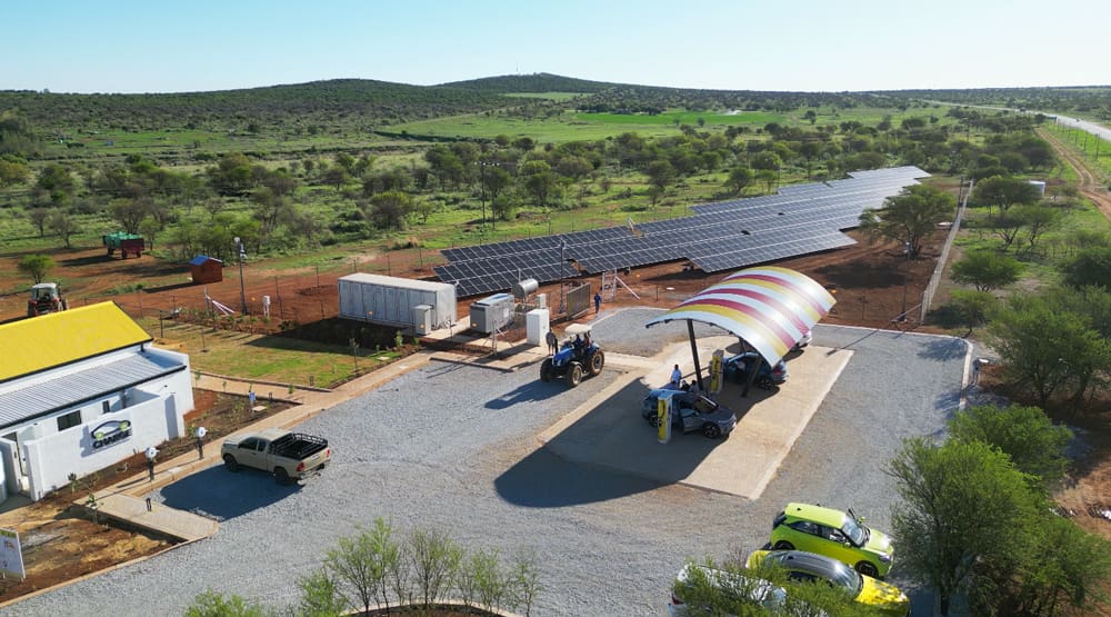 An aerial photo of an off-grid electric vehicle charging station in South Africa.