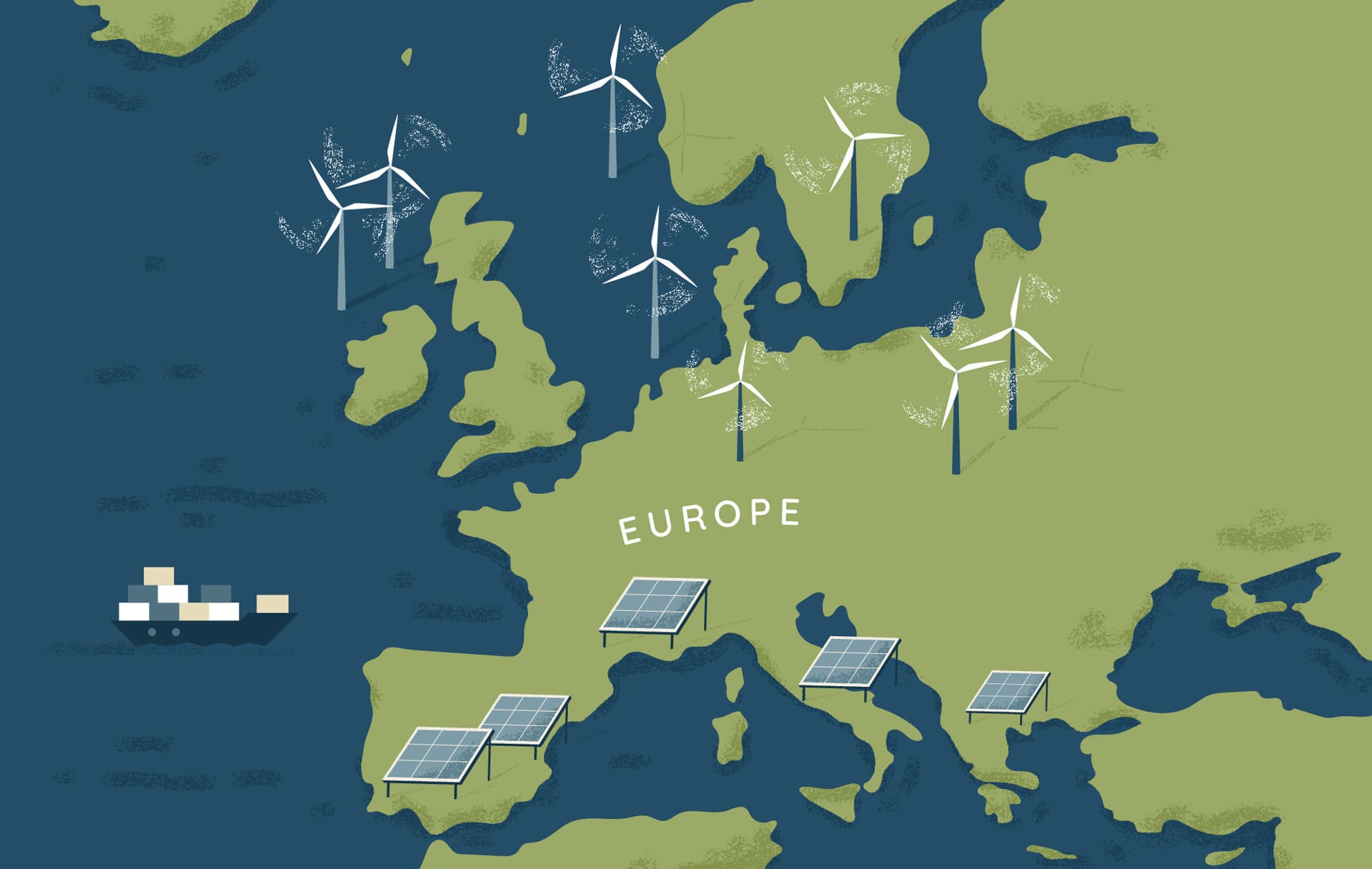 A graphic of Europe with wind and solar energy installations. The region is moving quickly to renewable energy.