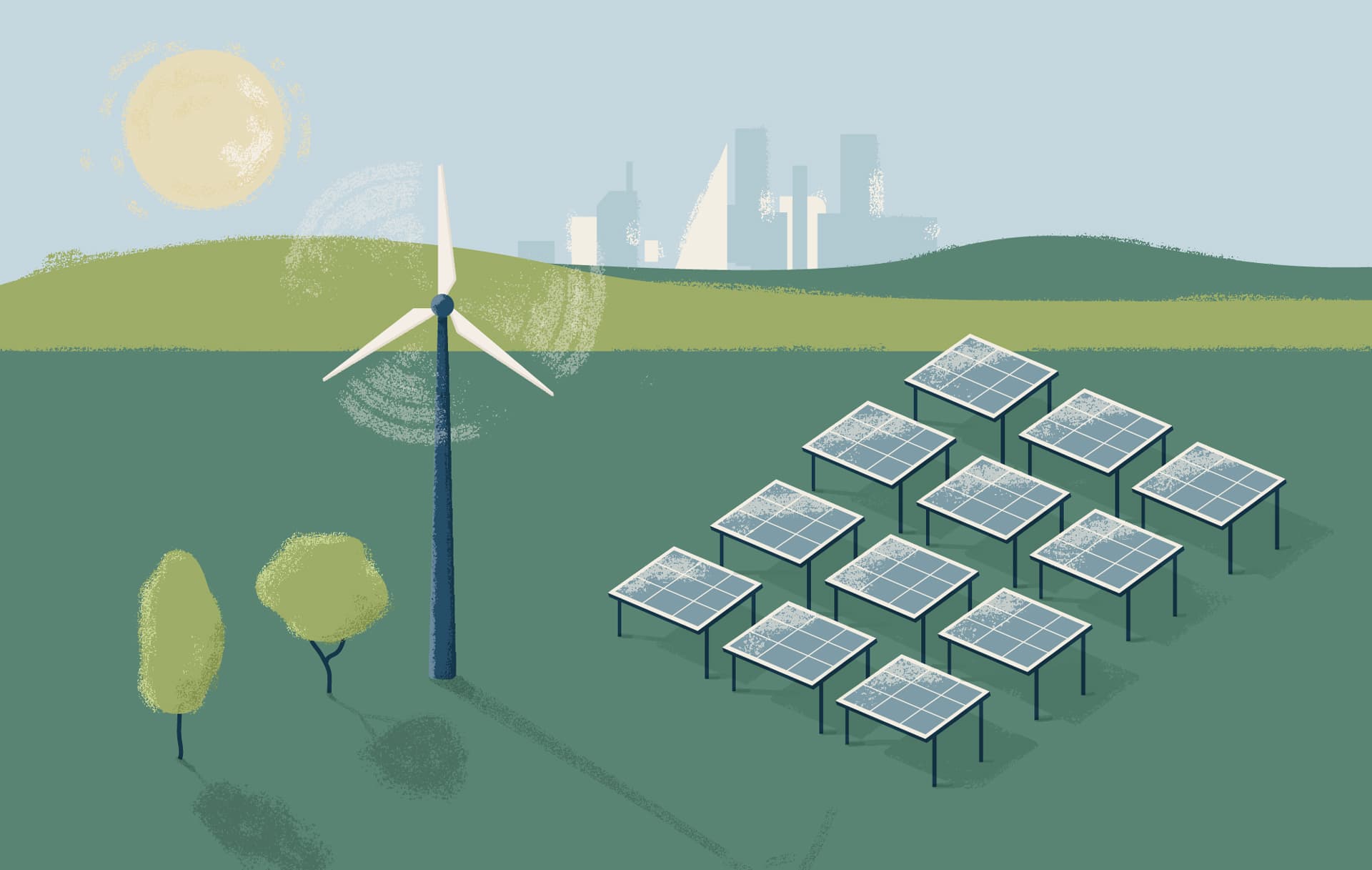 A graphic of a wind turbine and solar panels generating renewable energy